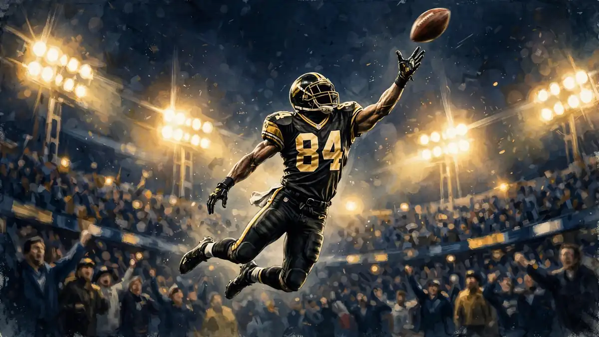 Illustration of a football player in a black and gold number 84 jersey leaping for a catch under stadium lights, navy and gold style