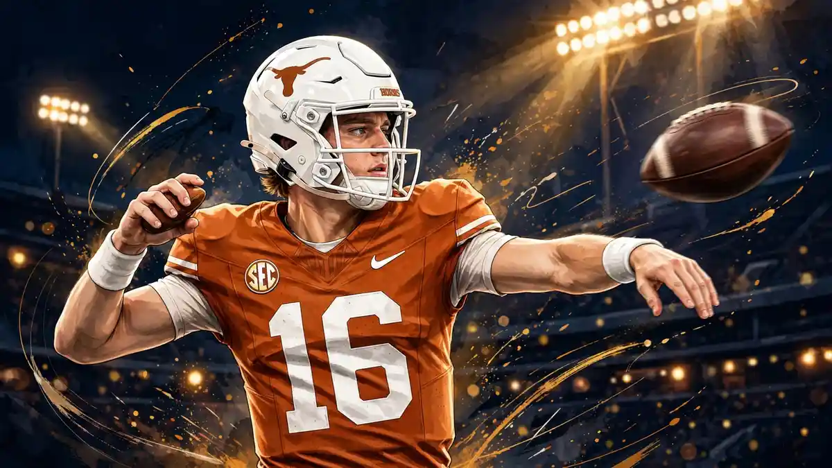 Stylized illustrated portrait of Texas quarterback Arch Manning in a burnt-orange number 16 jersey mid-throw