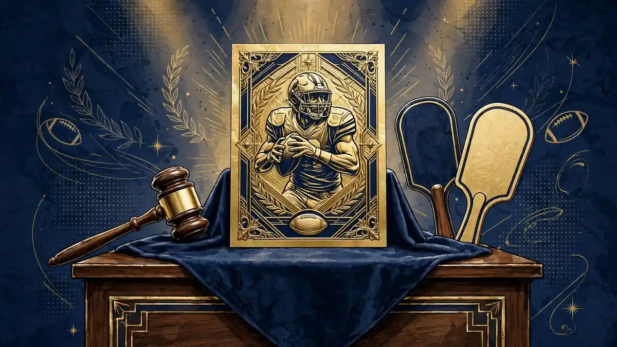 Illustration of a gold football trading card on an auction podium with a gavel, representing the record Panini auction