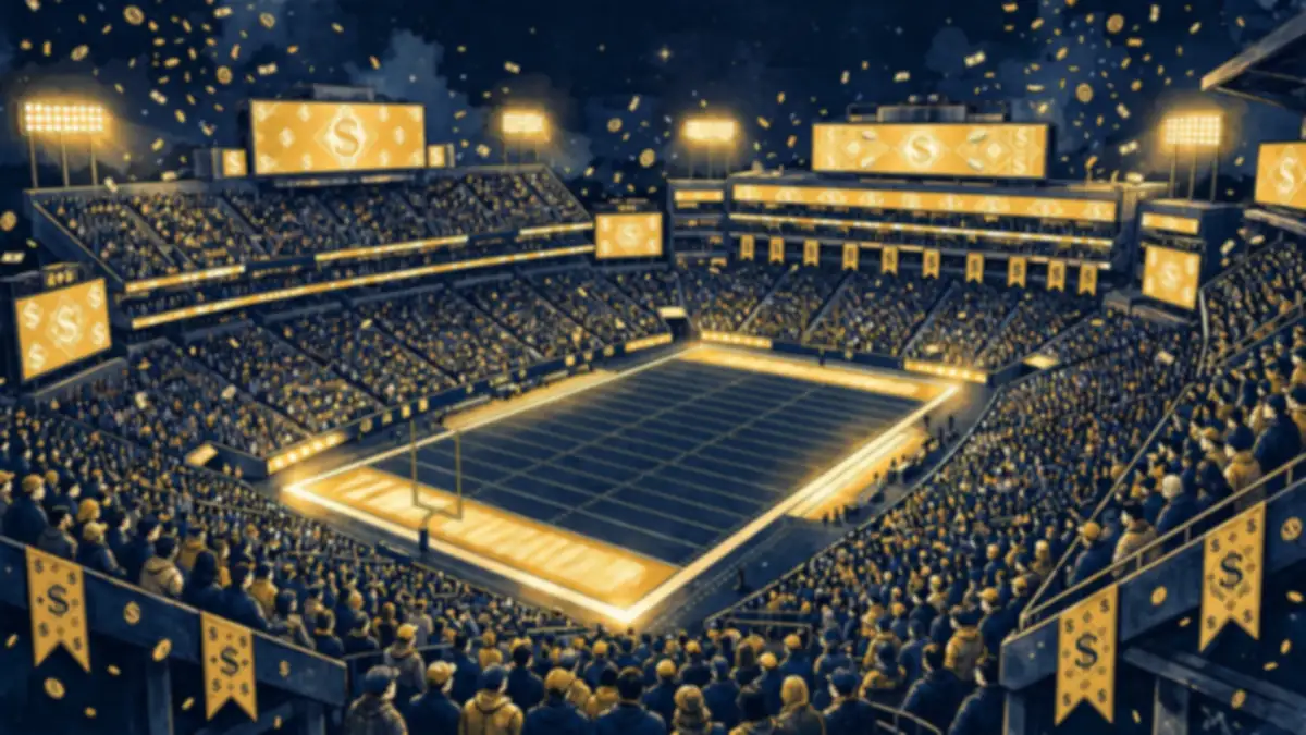 Illustration of a packed college football stadium at night with glowing sponsorship billboards, representing the NIL era