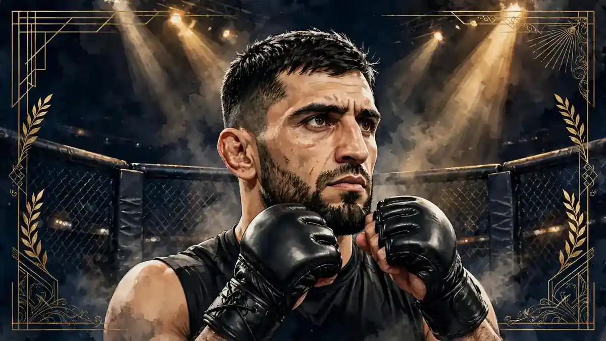 Stylized illustrated portrait of UFC lightweight contender Arman Tsarukyan with his face in focus, navy and gold editorial artwork