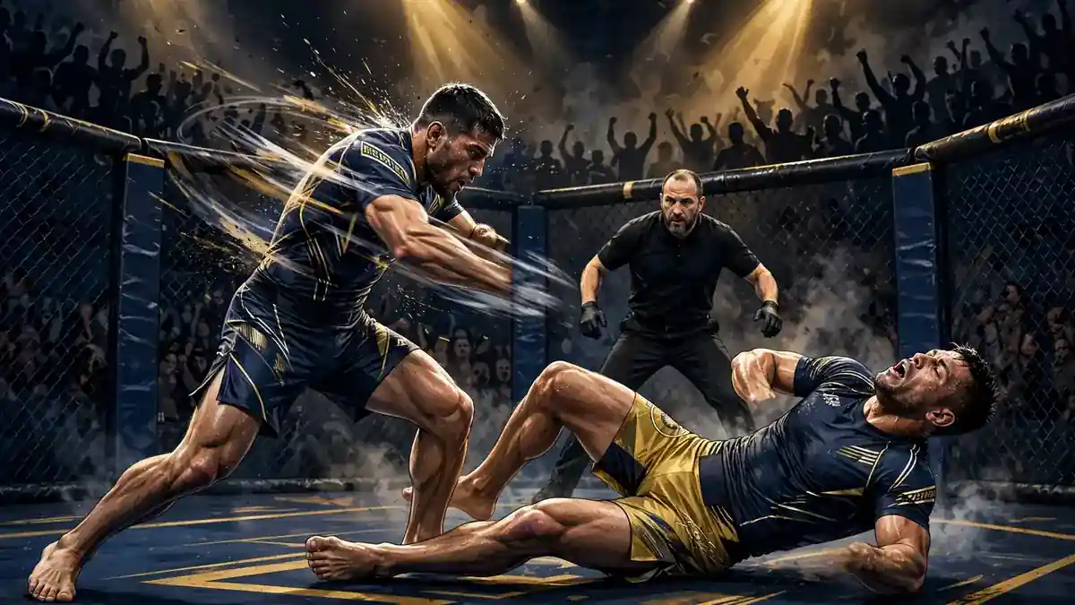 Editorial illustration of a dramatic UFC octagon fight scene with a knockout punch under arena spotlights, navy and gold artwork