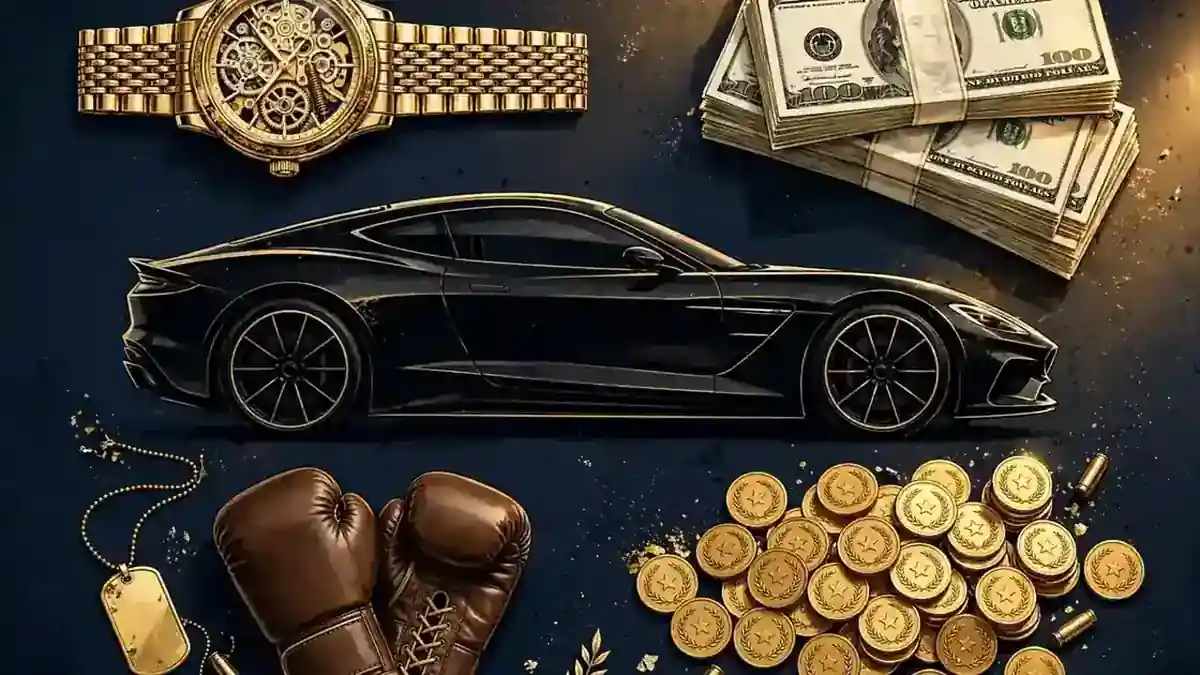 Editorial illustration of a fighter's luxury lifestyle: gold wristwatch, luxury car and cash on a dark navy background with gold accents
