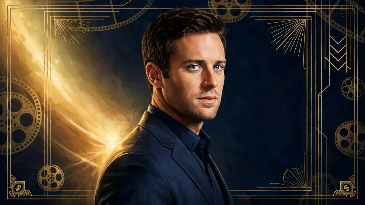 Illustrated portrait of Armie Hammer in navy and gold editorial style