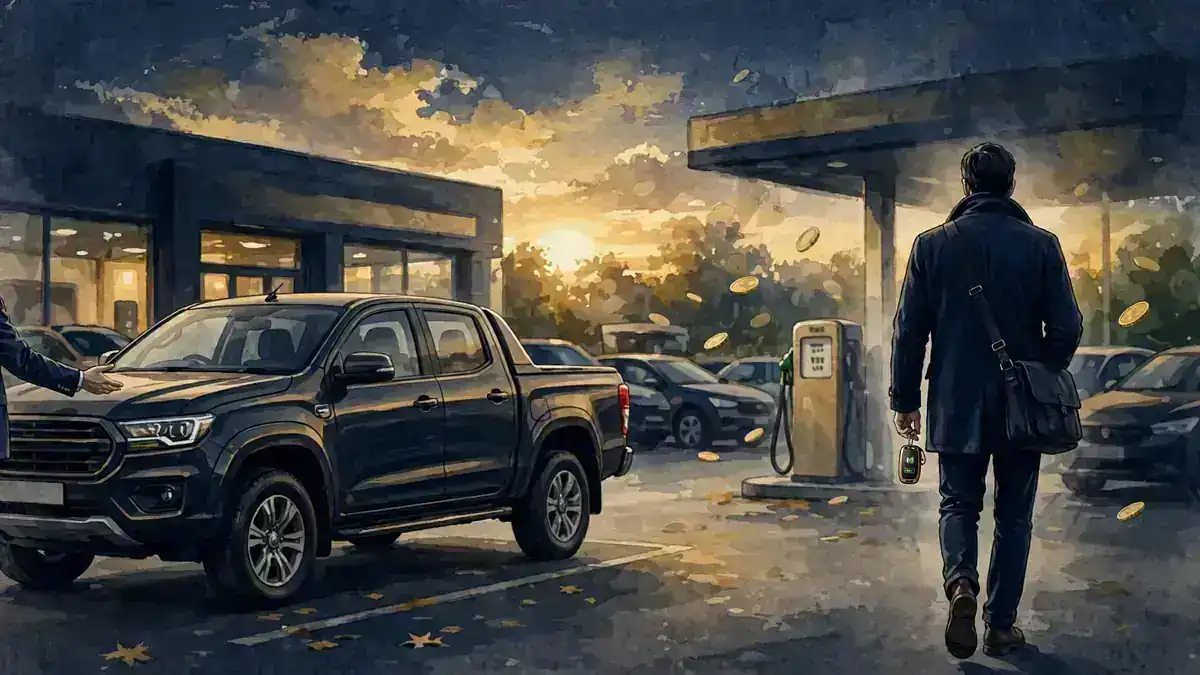 Illustrated scene of a pickup truck being sold at a dealership at sunset