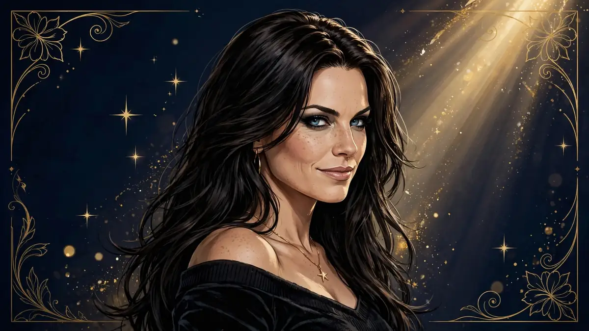 Illustrated portrait of Ashlee Simpson in navy and gold editorial style