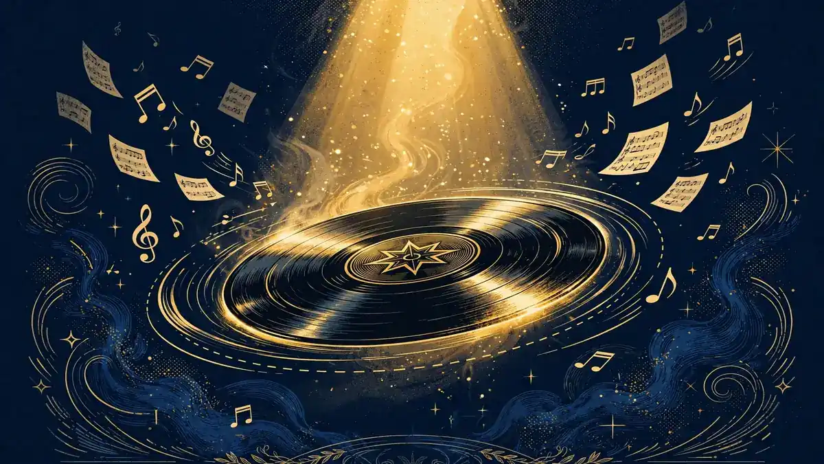 Illustration of a vinyl record under a golden spotlight, nodding to Ashlee Simpson's triple-platinum debut album Autobiography