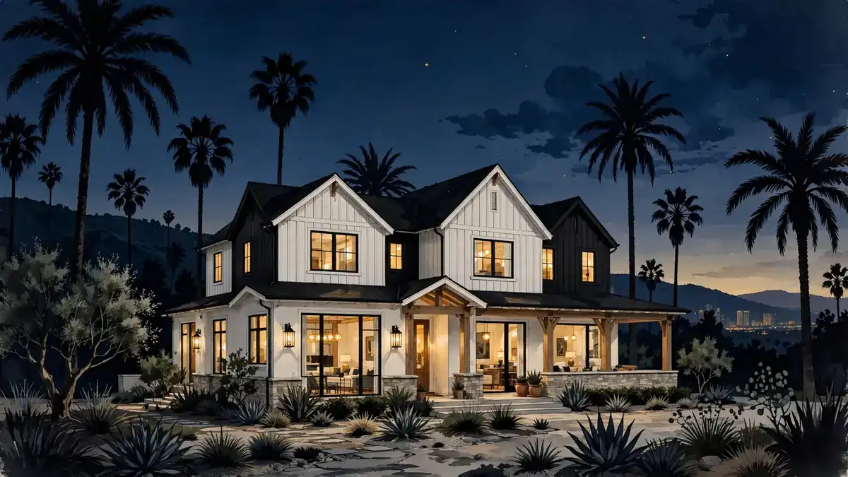 Illustration of Ashlee Simpson's Encino modern farmhouse mansion at dusk