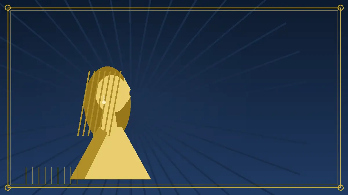 Stylized gold-on-navy illustrated portrait silhouette of a woman
