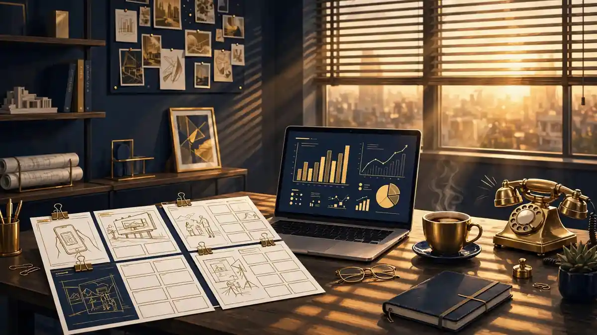 Illustration of an advertising agency office with campaign boards and analytics on a laptop