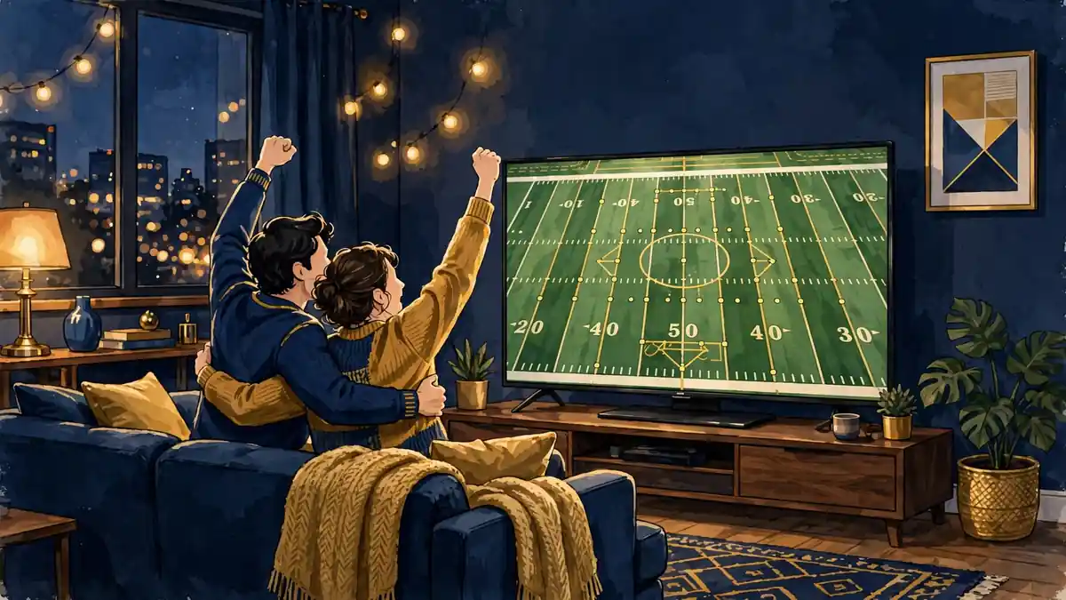 Illustration of a couple celebrating in front of a television showing a football draft broadcast