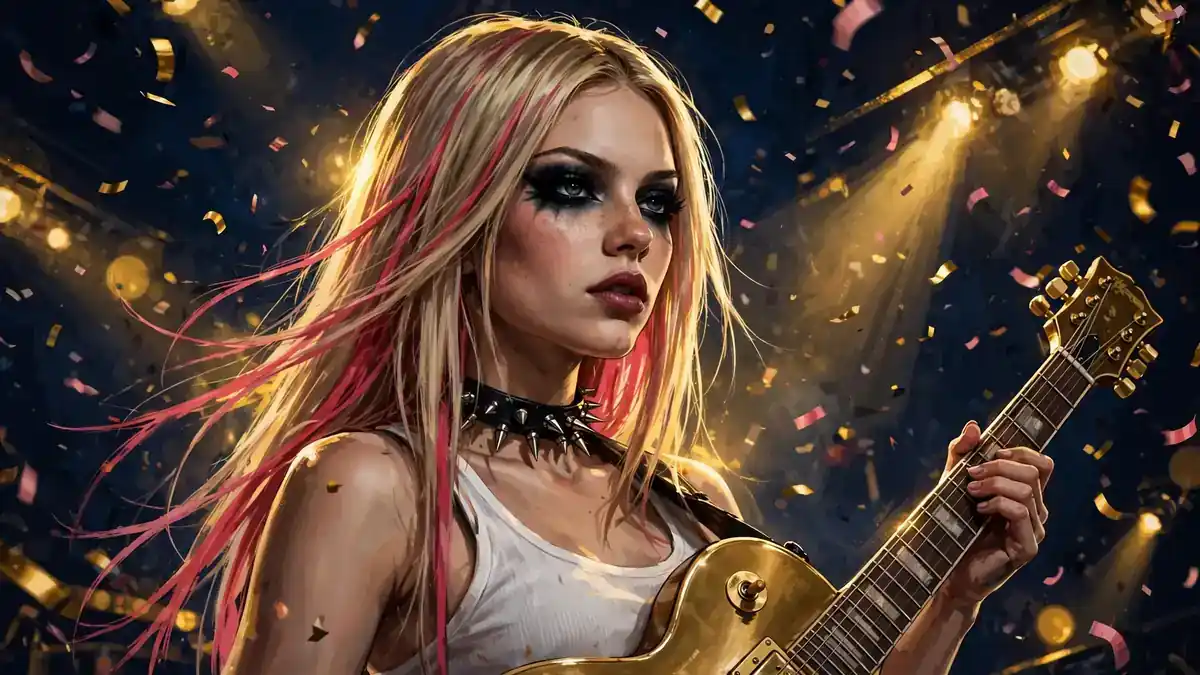 Stylized illustrated portrait of Avril Lavigne performing on stage with her guitar, dark navy and gold editorial style