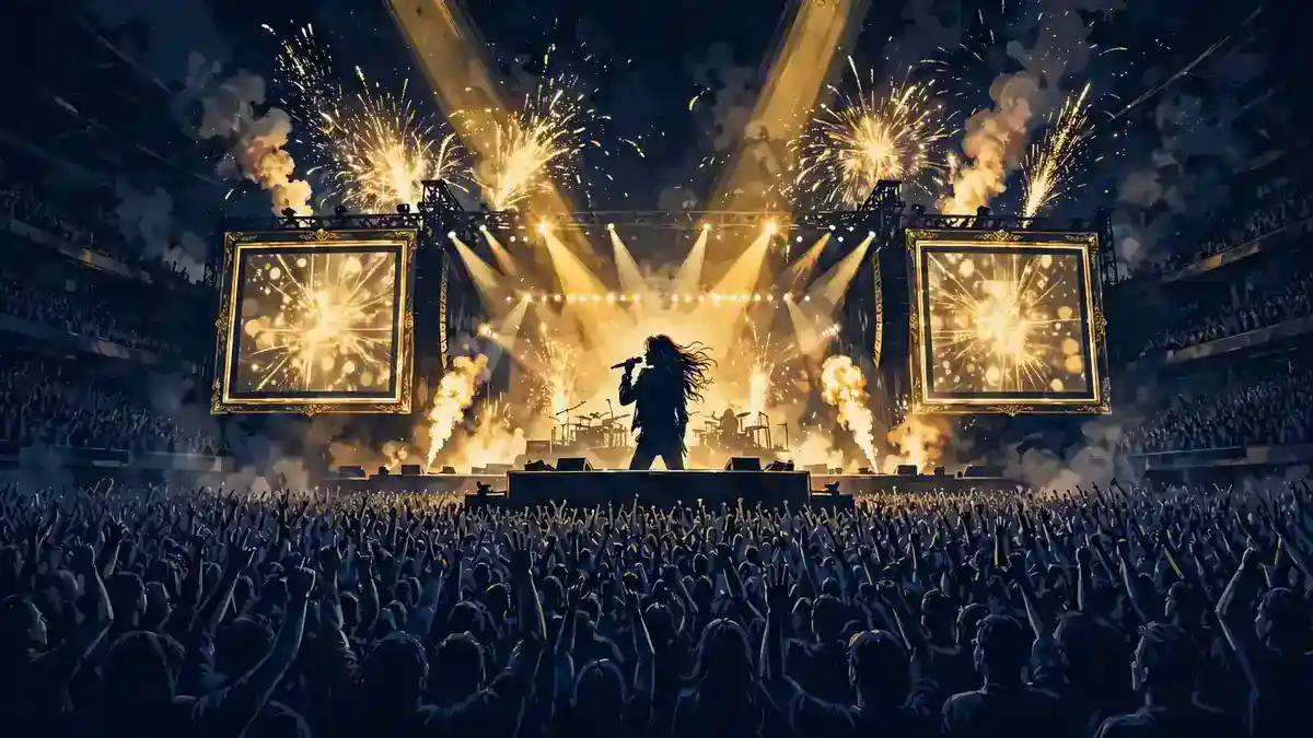 Illustrated sold-out arena concert scene with a rock singer on stage, pyrotechnics and a cheering crowd in dark navy and gold