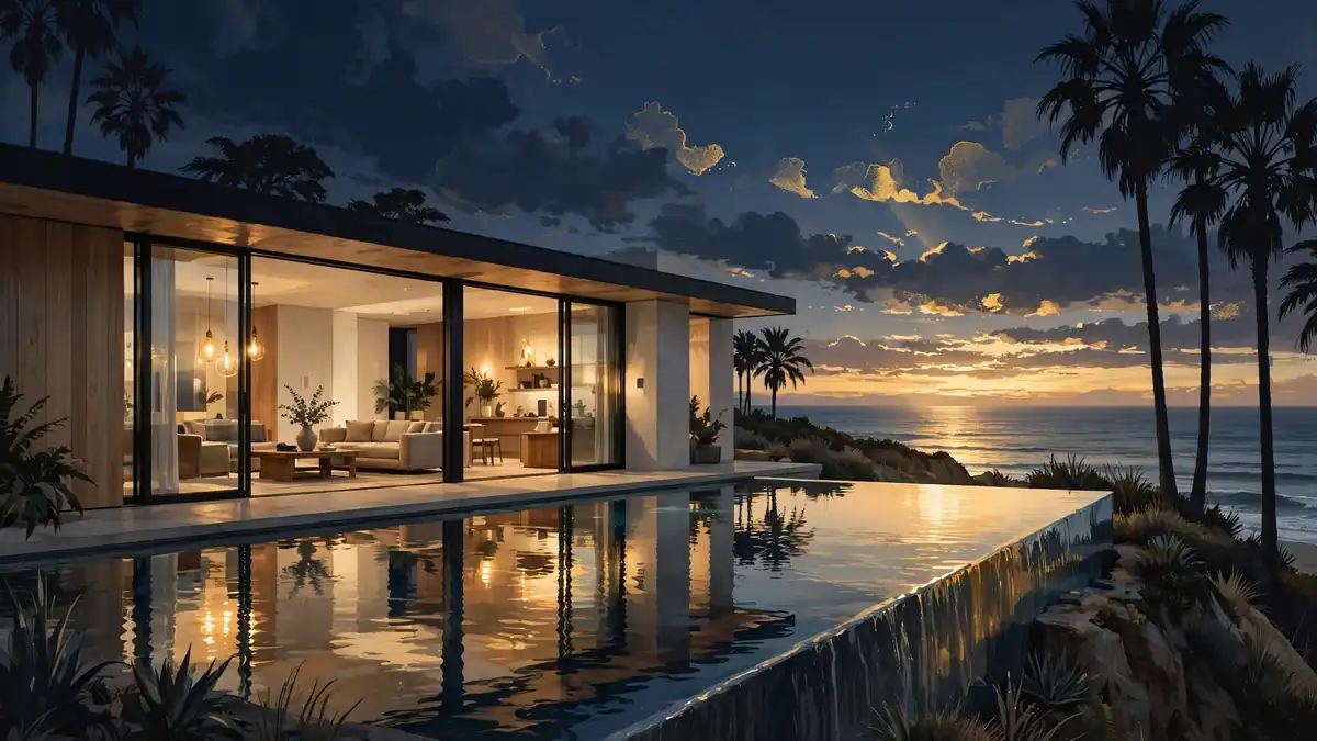 Illustrated modern minimalist Malibu blufftop house with glass walls and infinity pool at dusk, dark navy and gold editorial style