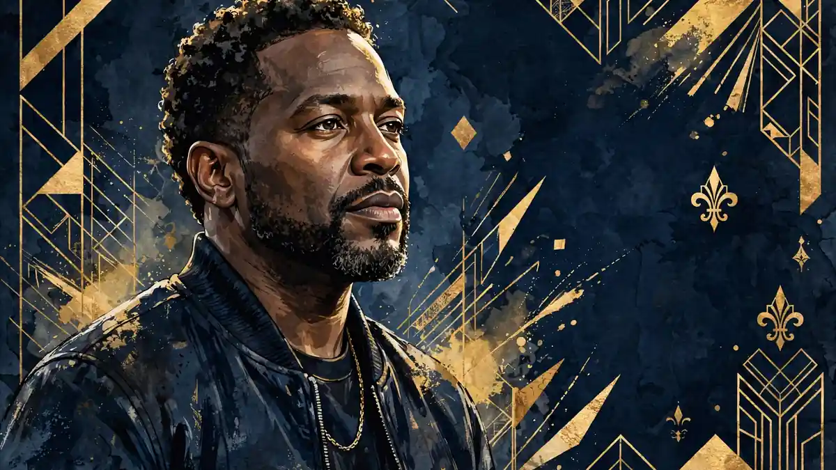 Stylized illustrated portrait of rapper B.G. in navy and gold