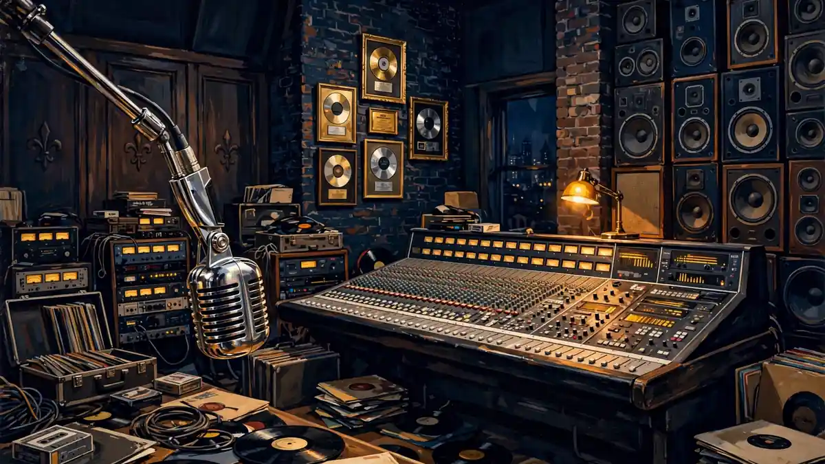 Illustrated Cash Money-era New Orleans recording studio in navy and gold