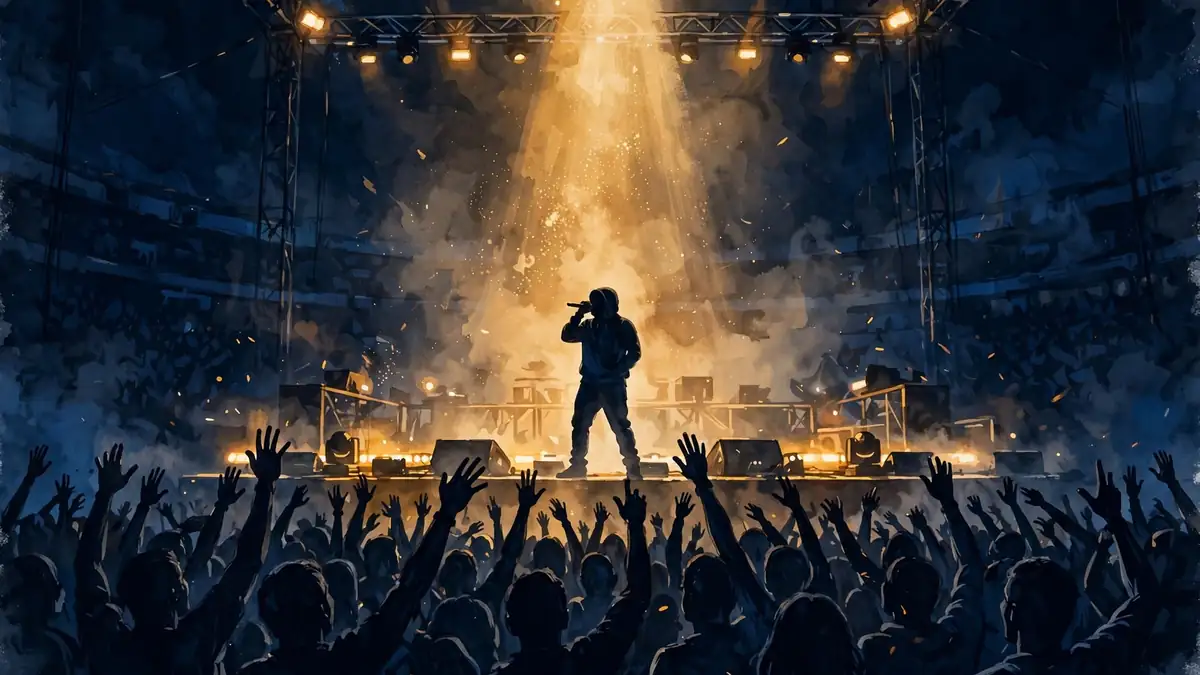 Illustrated hip-hop comeback concert stage with spotlight and crowd in navy and gold
