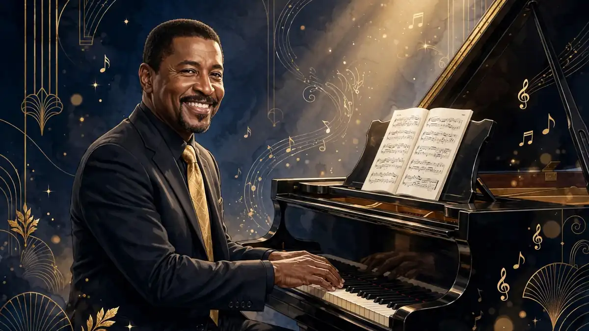 Illustrated portrait of Babyface at a grand piano in navy and gold.