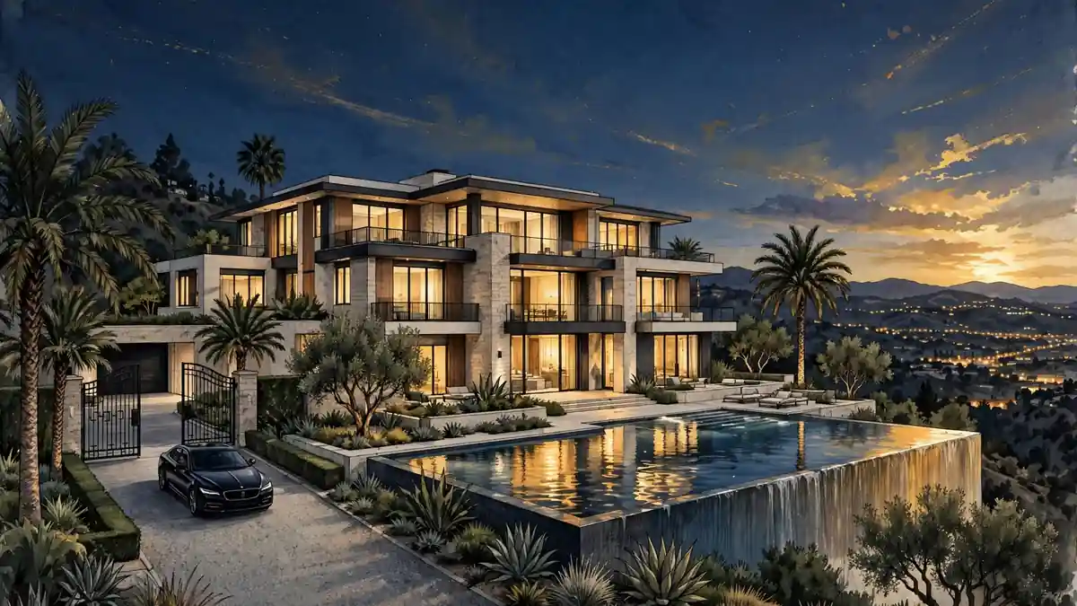Illustrated Los Angeles mansion at dusk representing Babyface's real estate holdings