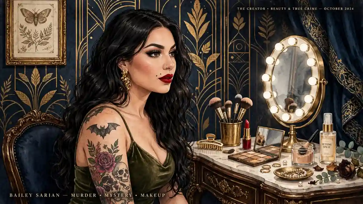 Stylized illustrated portrait of Bailey Sarian with dark wavy hair and red lipstick at a makeup vanity in navy and gold editorial style