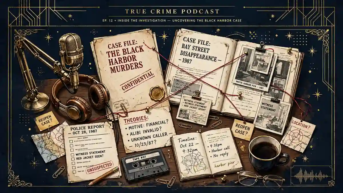 Illustrated podcast studio with a vintage microphone, headphones and true-crime case files tied with red string in navy and gold