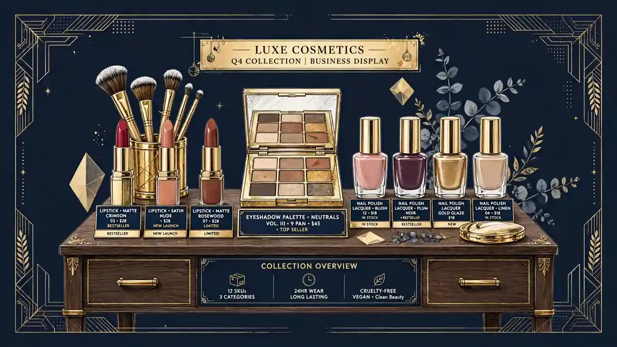 Illustrated makeup vanity with lipstick, eyeshadow palettes and nail polish styled as a business product display in navy and gold