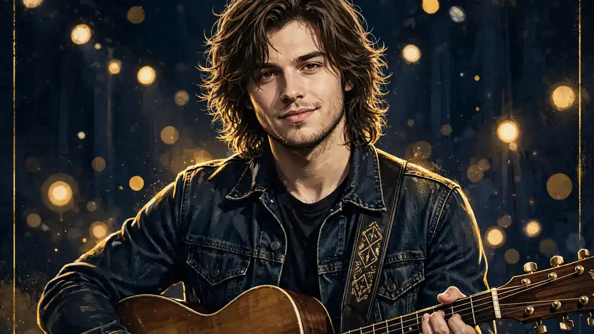 Stylized illustrated portrait of Bailey Zimmerman with a guitar in dark navy and gold tones