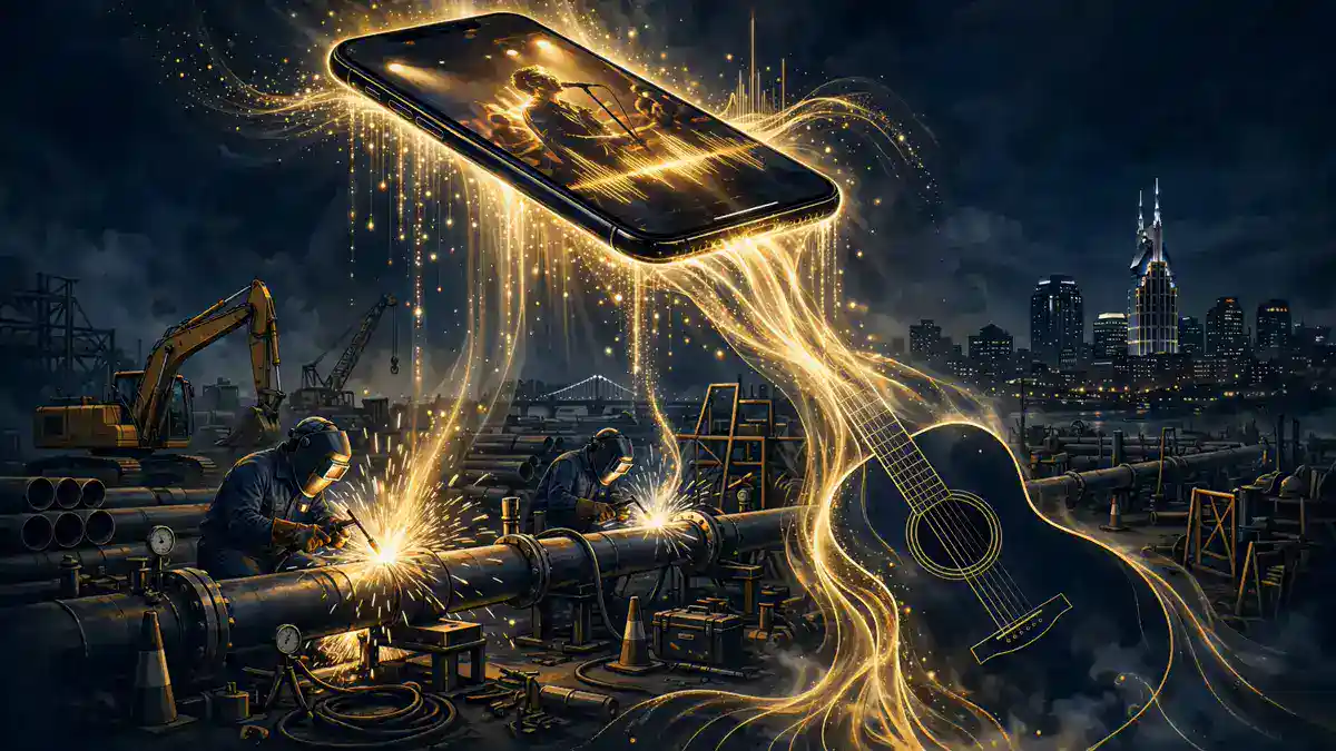 Illustration of a smartphone showing a viral music video above a gas pipeline work site, with the Nashville skyline in the distance