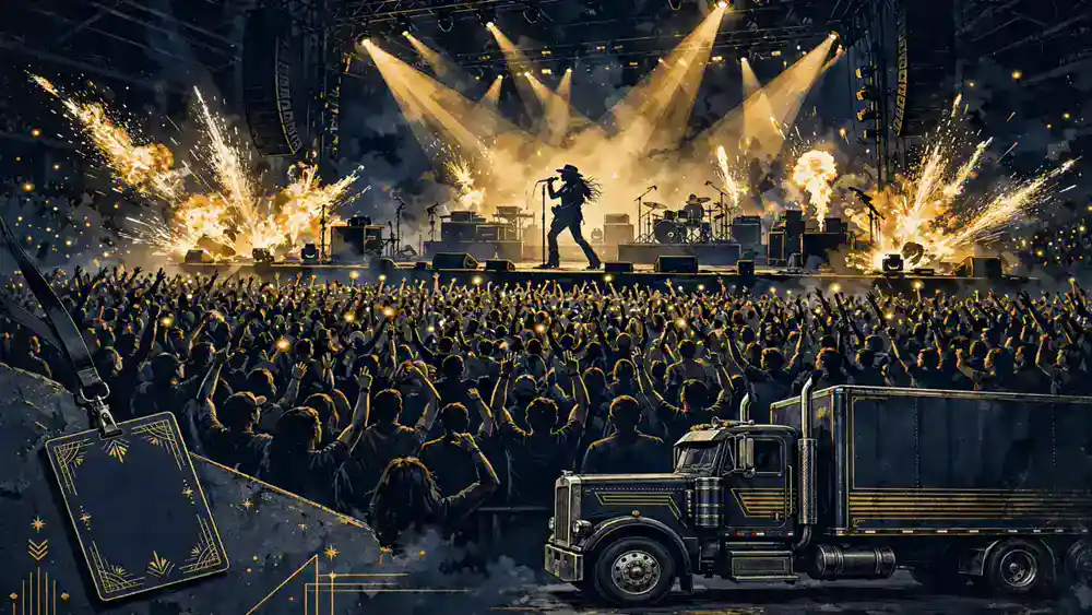Illustration of Bailey Zimmerman performing on an arena stage to a sold-out crowd under golden spotlights