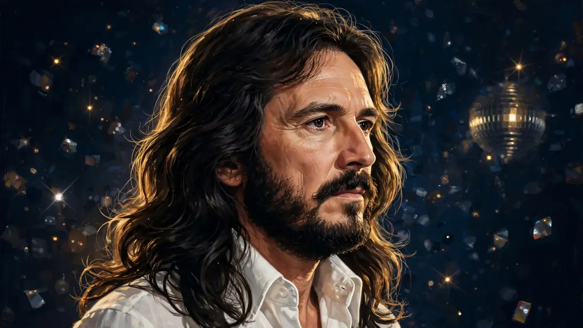 Illustrated portrait of Bee Gees singer Barry Gibb with long dark hair and beard against a navy and gold disco backdrop