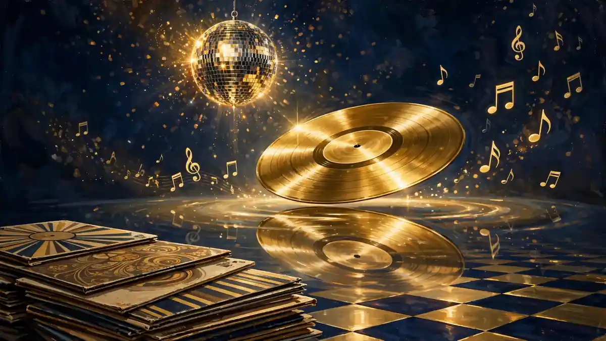 Editorial illustration of a golden vinyl record, disco ball and floating music notes representing the Bee Gees catalog