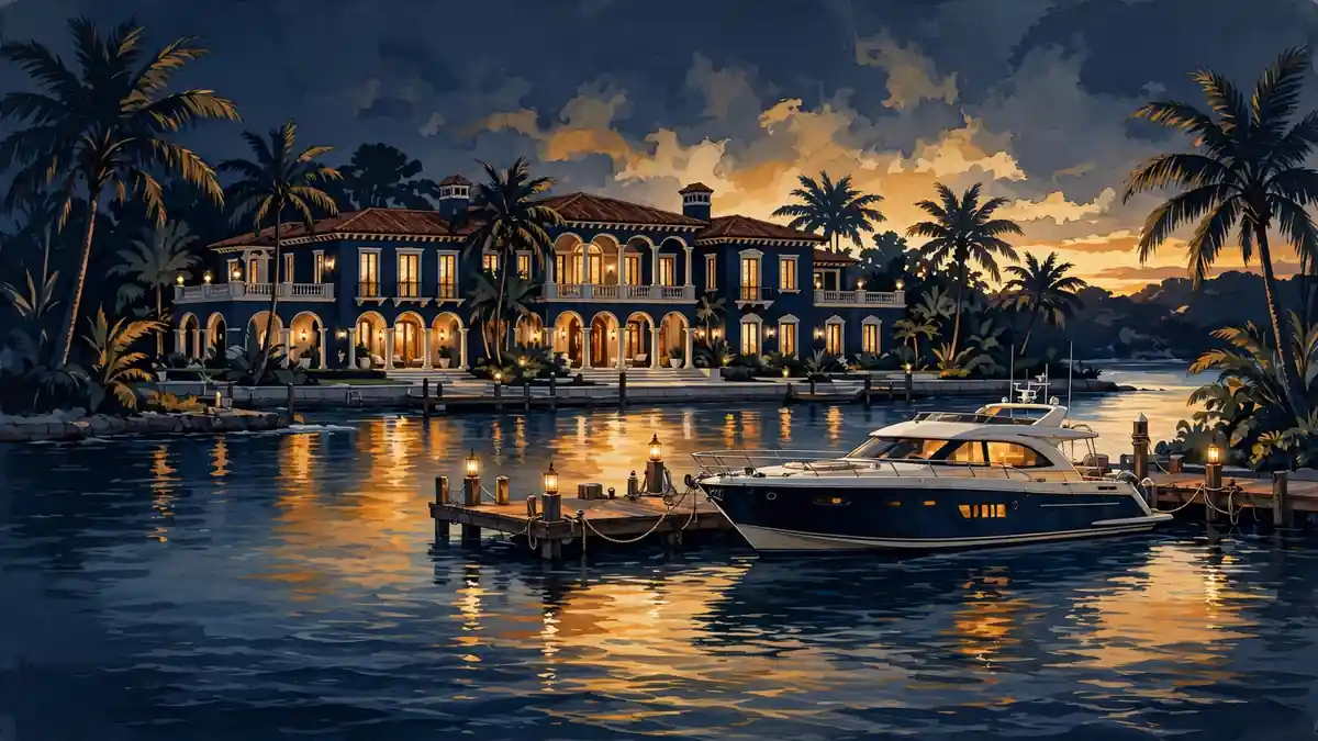 Editorial illustration of a waterfront mansion at dusk with palm trees and a yacht at a private dock