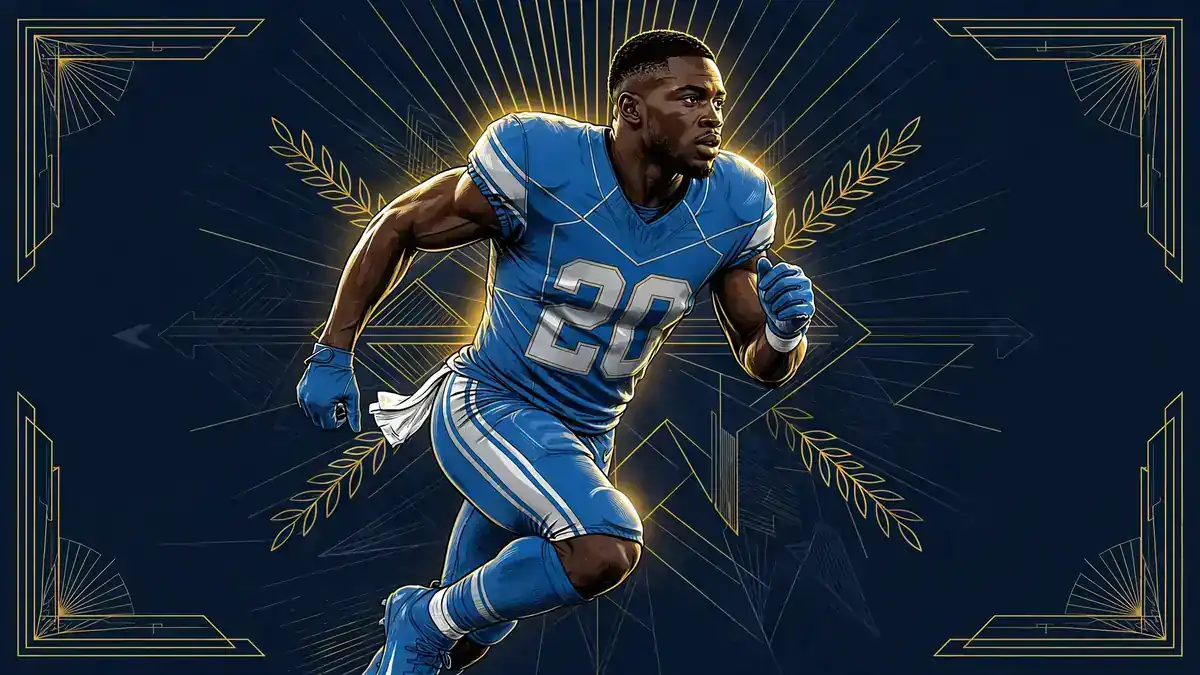 Illustrated portrait of NFL legend Barry Sanders in a Detroit Lions number 20 jersey against a navy and gold background