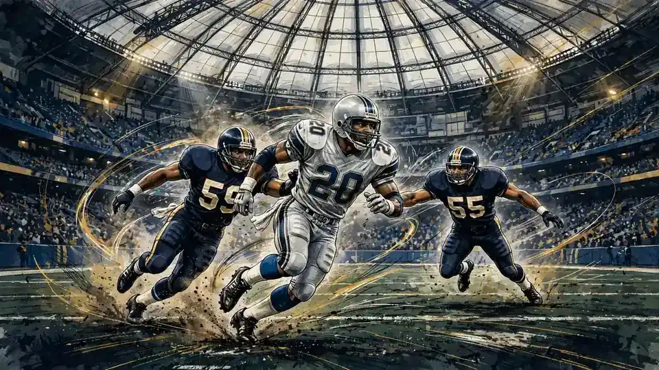 Illustration of Barry Sanders weaving past defenders in a Detroit Lions game at the Pontiac Silverdome