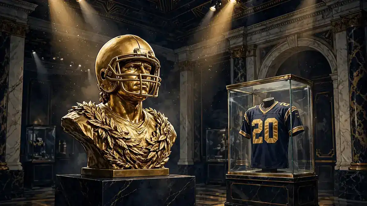 Illustration of a golden Pro Football Hall of Fame bust and a number 20 jersey displayed in a glass case