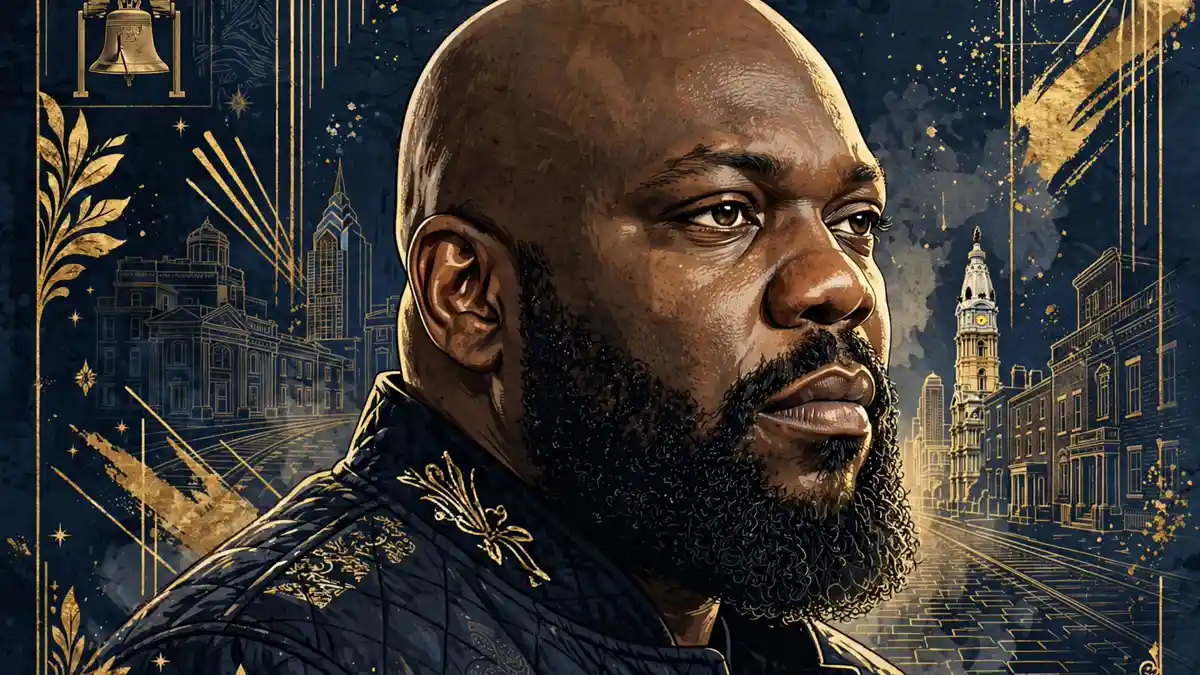 Stylized illustrated portrait of rapper Beanie Sigel in dark navy and gold editorial style