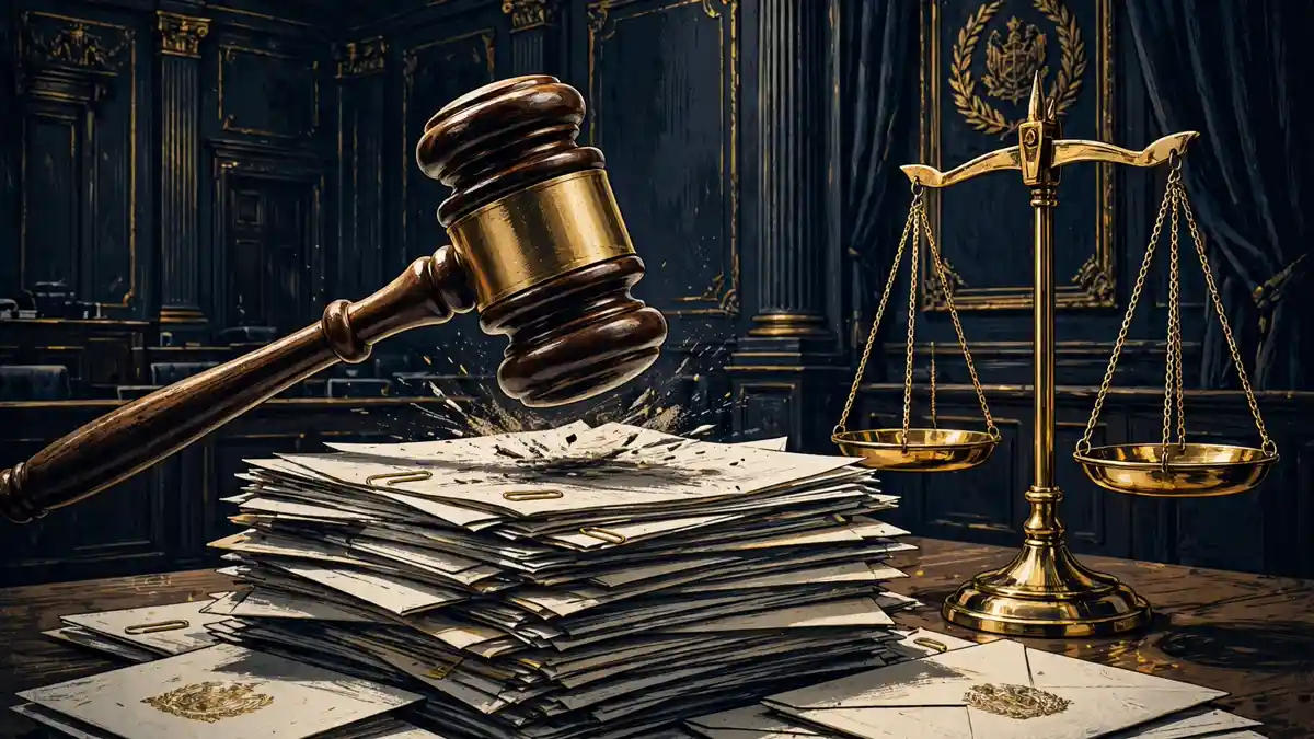 Editorial illustration of a courtroom gavel striking IRS tax documents, navy and gold style