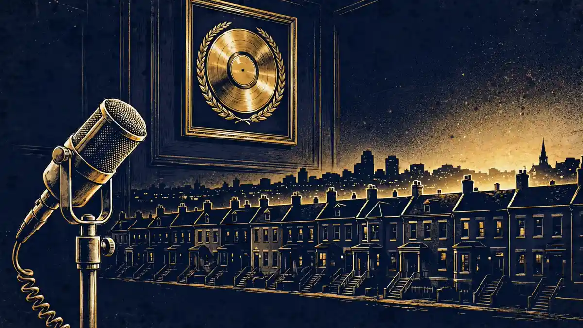 Editorial illustration of a vintage studio microphone, gold record, and Philadelphia skyline at night, navy and gold style