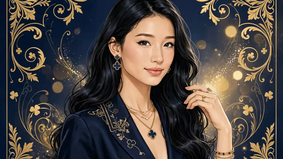 Stylized illustrated portrait of Becca Bloom, the TikTok RichTok influencer, in navy and gold editorial style
