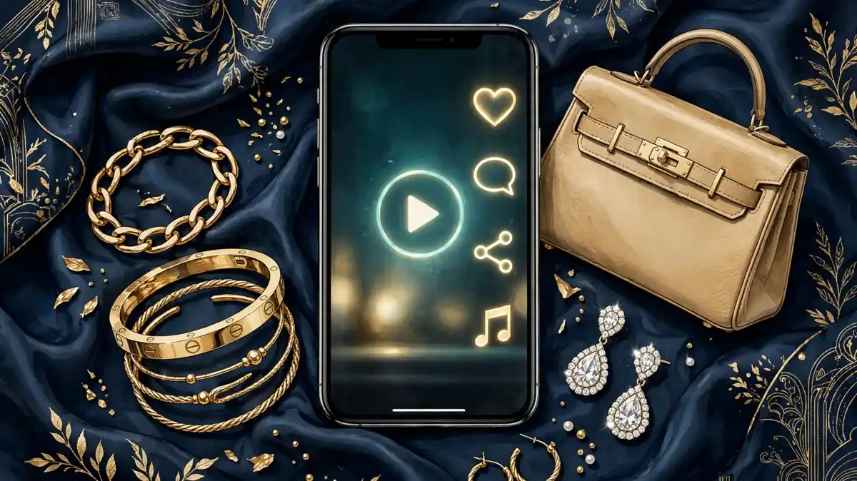 Illustration of a smartphone with luxury jewelry flat-lay representing TikTok's RichTok creator economy