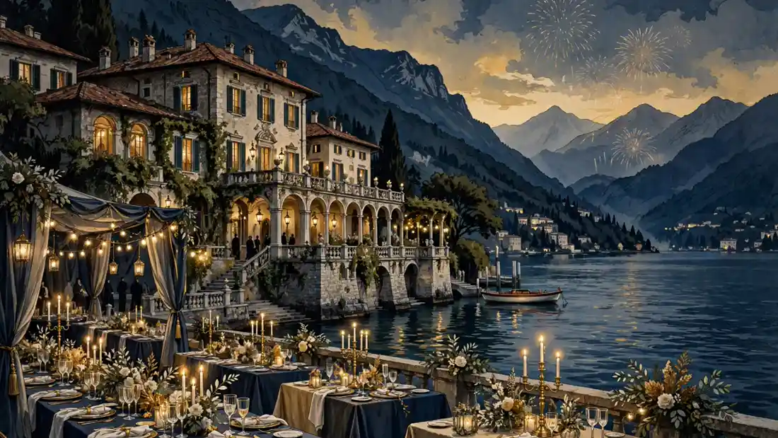 Illustration of a grand Lake Como villa wedding at dusk with candlelit tables and fireworks