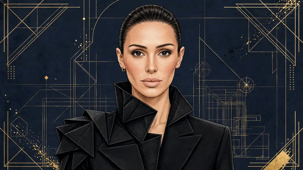 Illustrated portrait of Bianca Censori in navy and gold editorial style