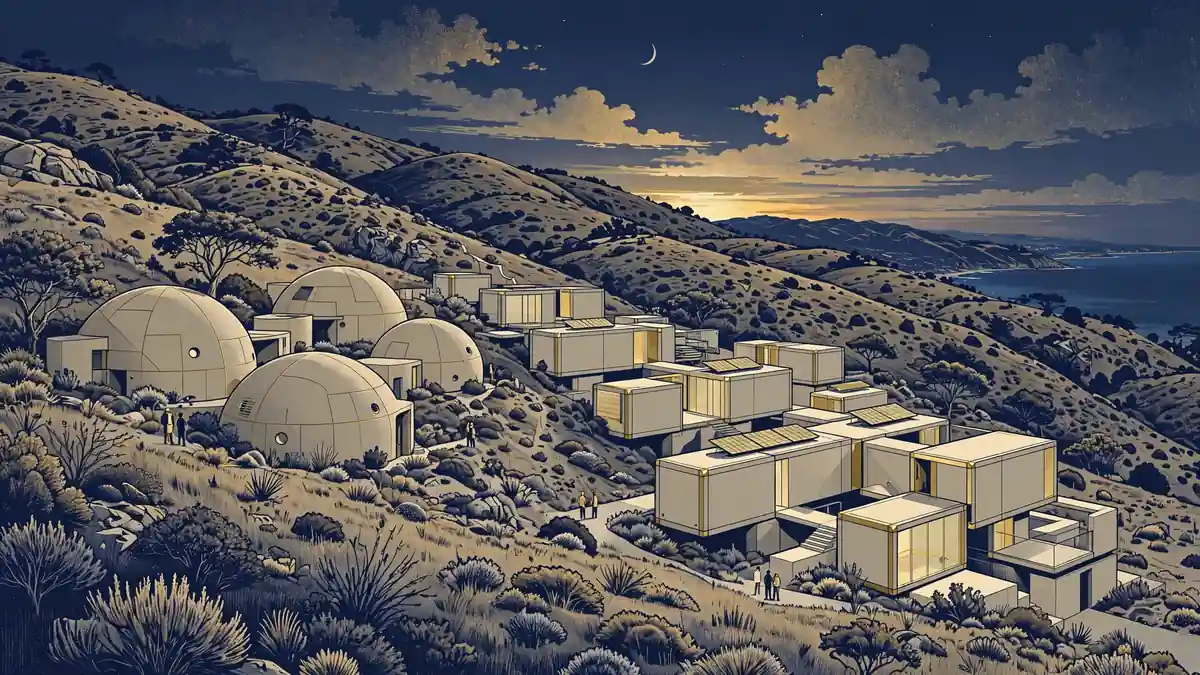 Illustration of futuristic Yeezy-style concrete dome homes on a California hillside at dusk