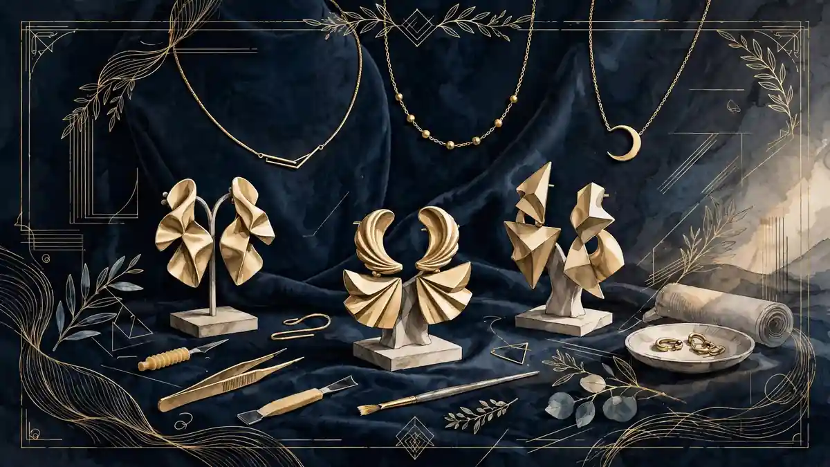 Illustration of a minimalist gold jewelry atelier on dark navy velvet