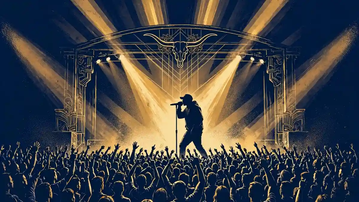 Illustrated concert stage scene with a rapper performing under gold spotlights before a crowd