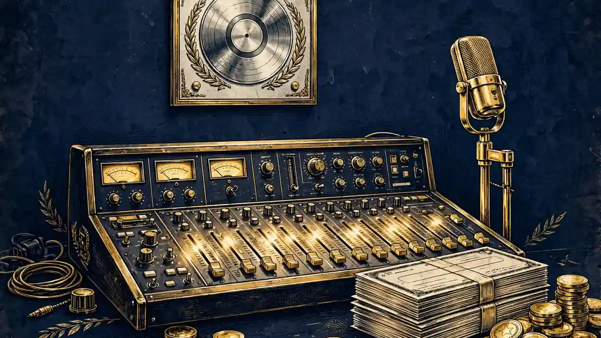 Illustrated vintage recording studio mixer with a gold microphone, platinum record plaque and royalty checks