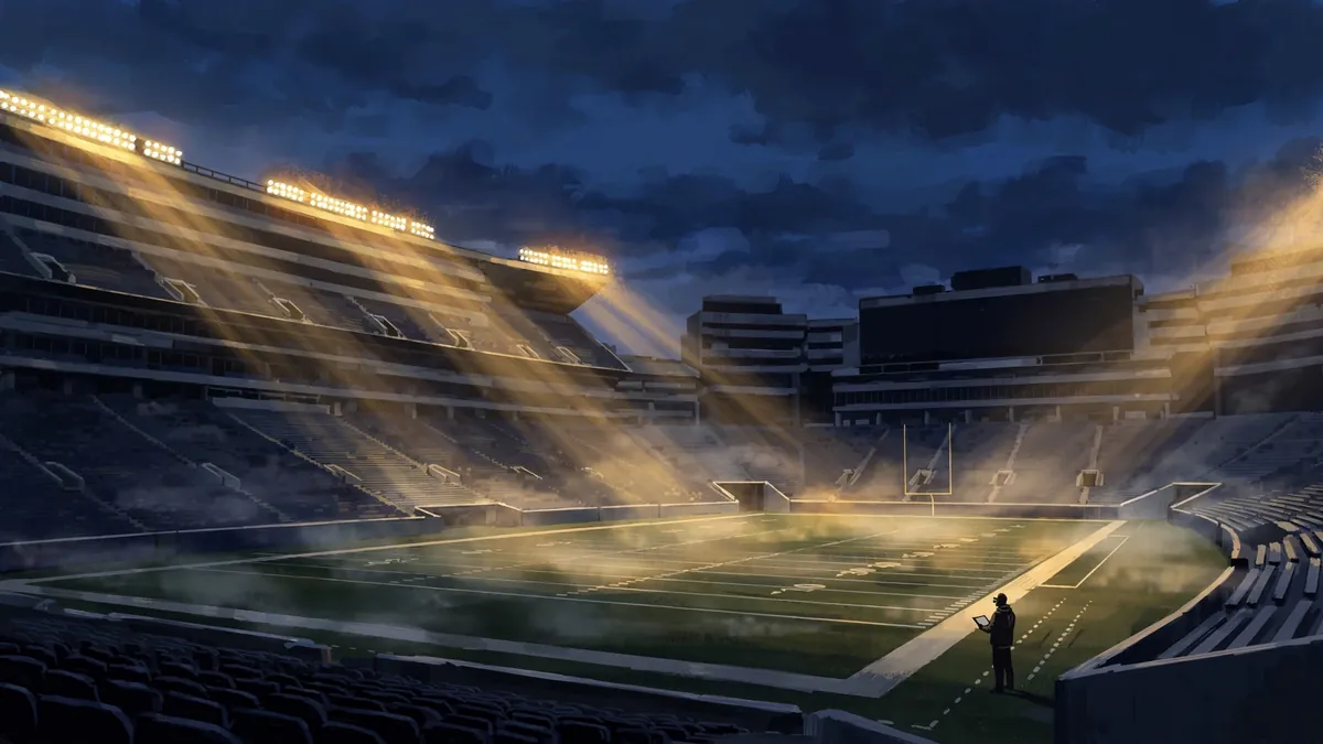 Editorial illustration of a college football stadium at dusk with a coach's silhouette on the sideline, representing Belichick's move to North Carolina