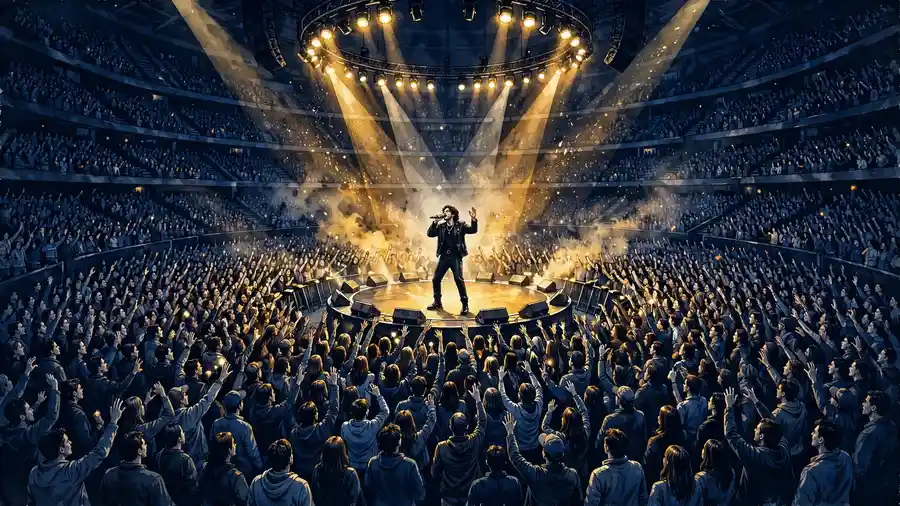 Illustration of a singer performing on a center-stage arena surrounded by a sold-out crowd under golden lights
