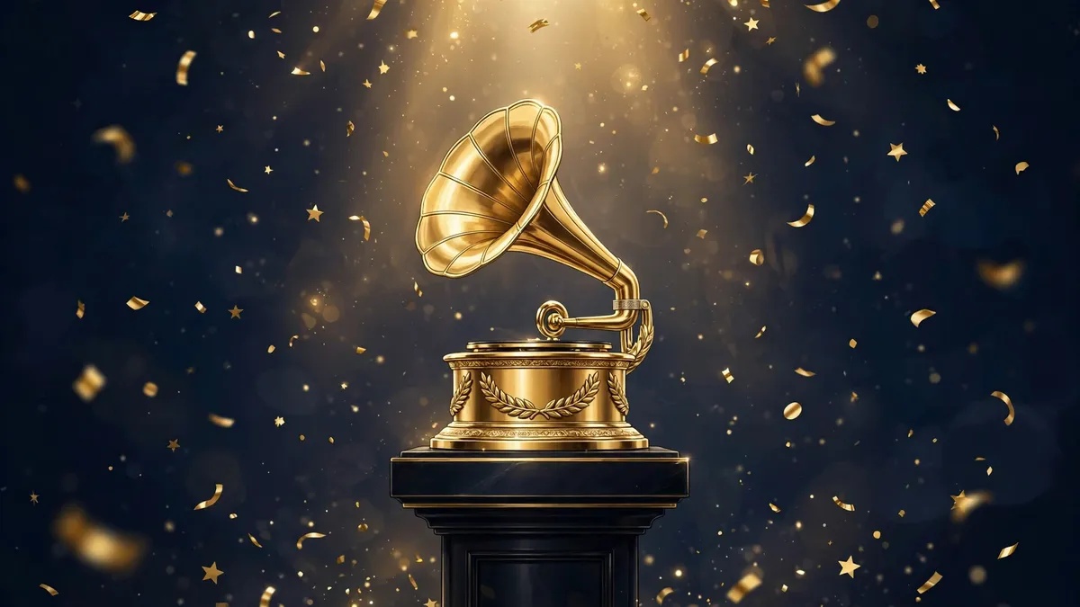 Illustration of a golden gramophone award trophy on a pedestal under a spotlight