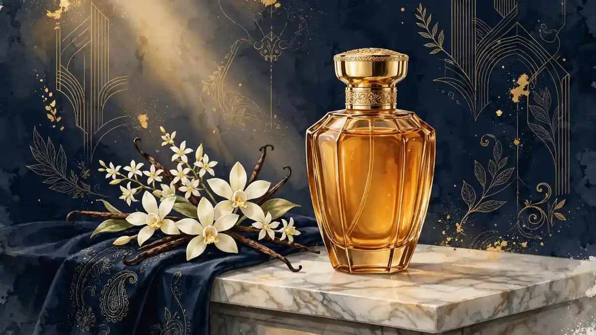 Illustration of an amber perfume bottle with vanilla flowers on a marble vanity, in navy and gold tones